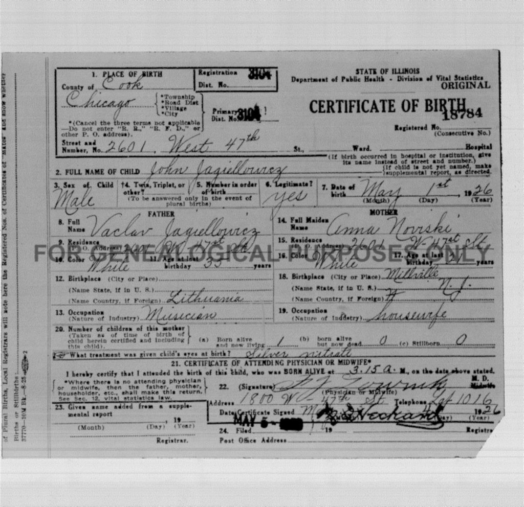 John Jagiellowicz Birth Certificate